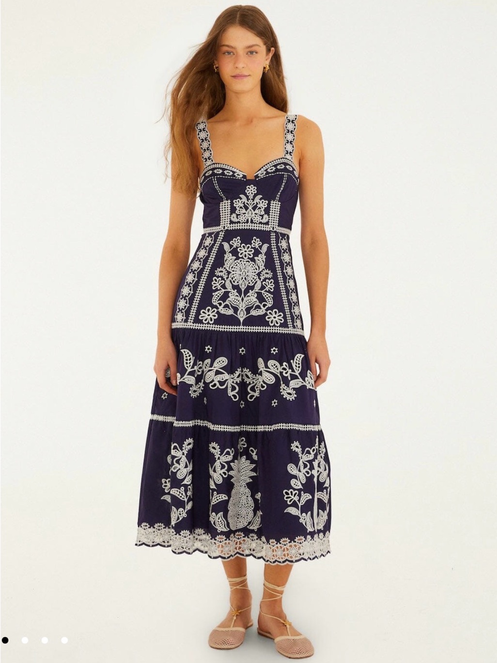 Farm Rio Navy Midi Dress With White Embroidery